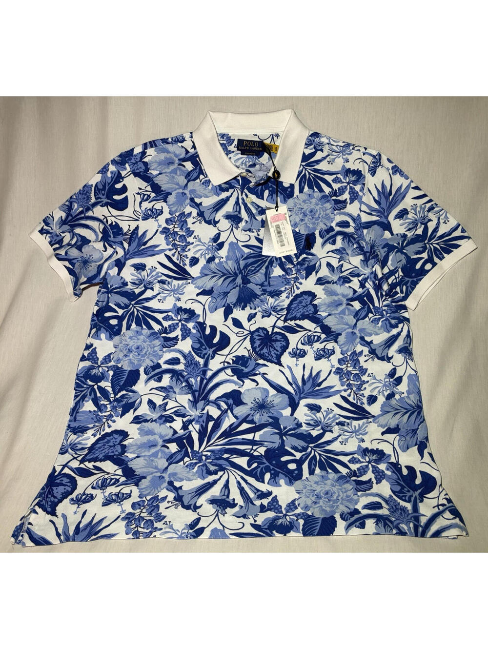 Polo Ralph Lauren Men's L Blue/White Floral Knit Polo Shirt Classic Fit Logo
